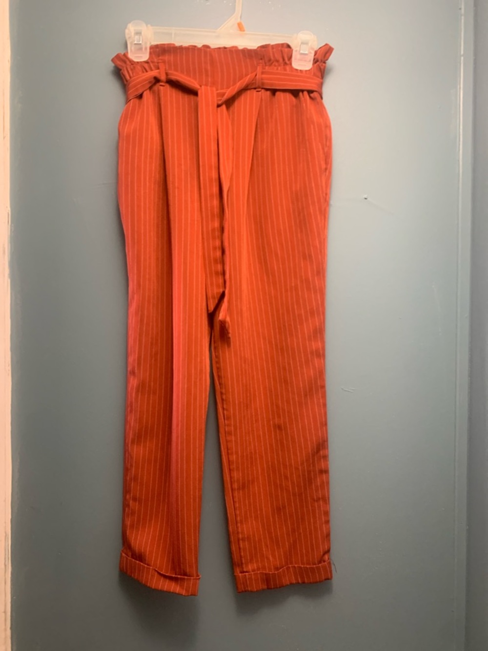 Sienna Sky High-Rise Rust Pinstripe Paperbag Waist Jeans